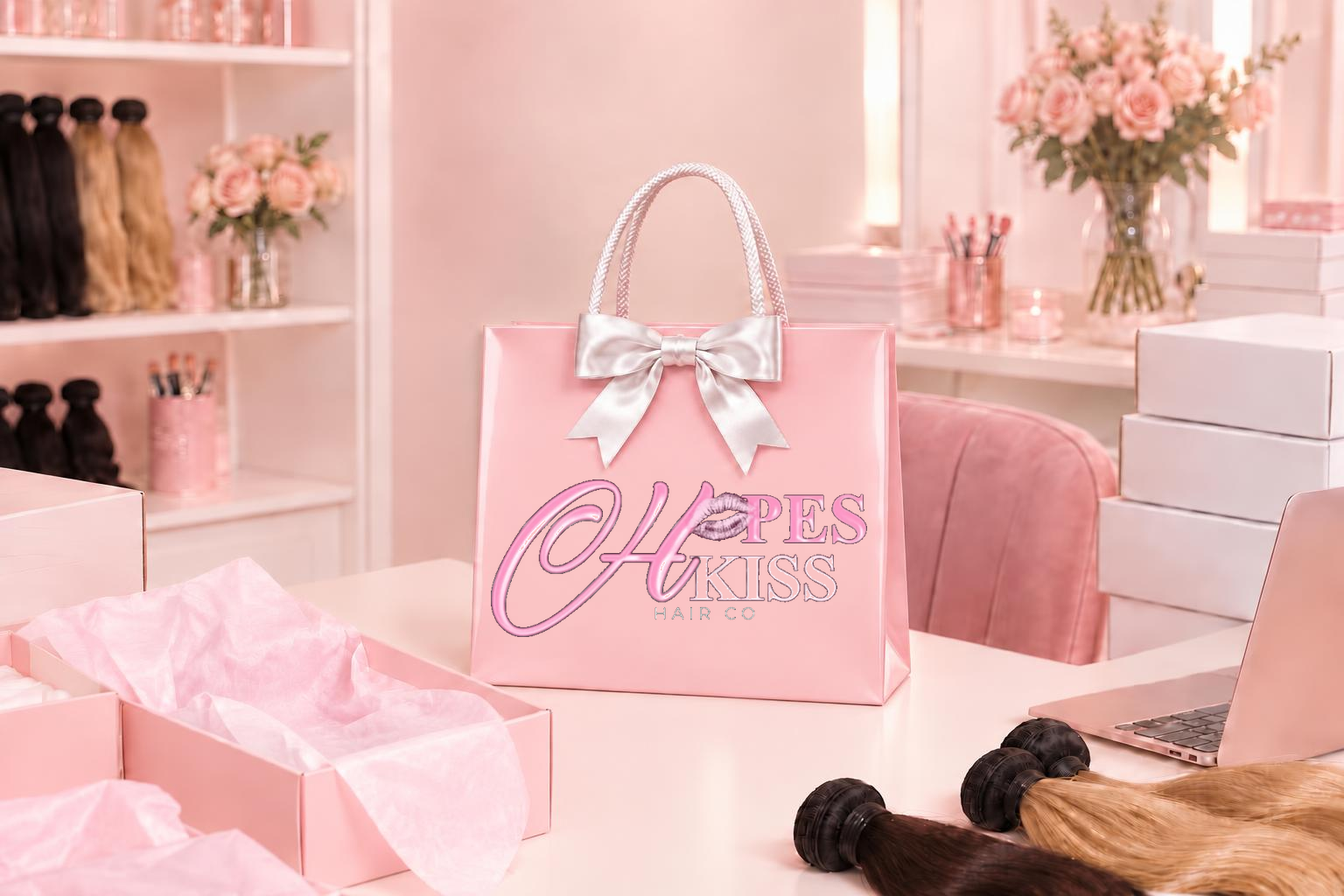 Logo-pink hopeskisshair bag with a white satin bow sitting on the center of a pink bundle-packing table
